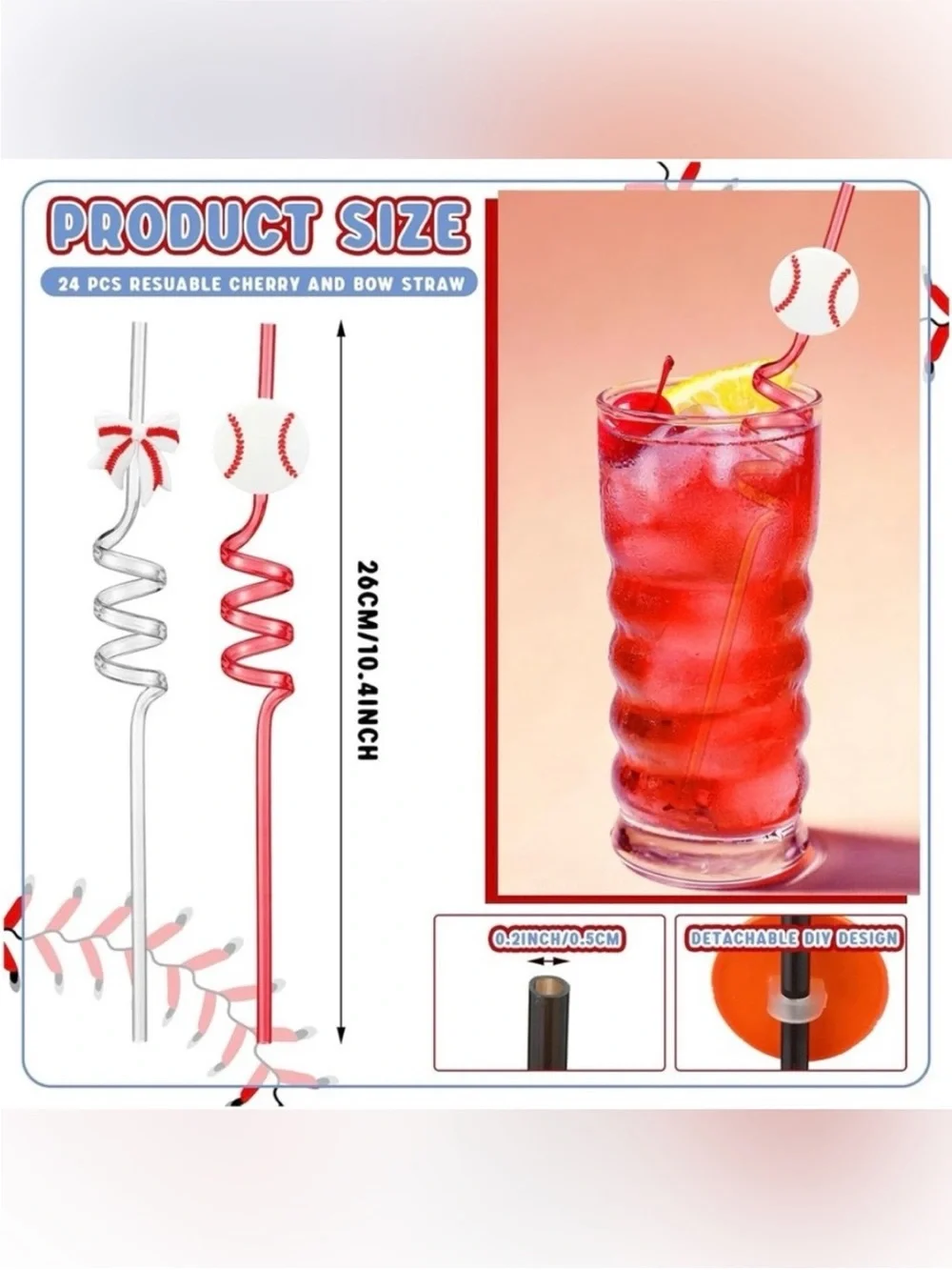 Unbranded Red & Clear Spiral Baseball Party Straws 24 NWT